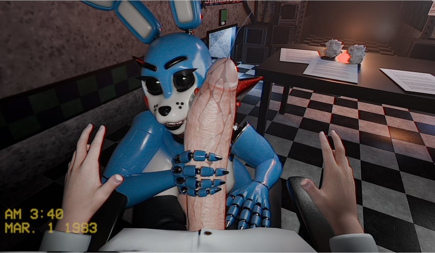 3d animatronic anthro big_penis black_lips black_nails black_sclera blender_(artwork) bodily_fluids camera_view checkered checkered_floor colored_nails digital_media_(artwork) dripping duo female first_person_view five_nights_at_freddy's five_nights_at_freddy's_2 furniture genital_fluids genitals hand_on_leg hi_res holding_penis human jeremy_fitzgerald kneeling lagomorph leporid lips looking_at_viewer machine male mammal masturbation nails office penile penile_masturbation penis precum precum_drip precum_on_penis rabbit retro robot robot_anthro scottgames slugcats solo_focus straight surprised table time toy_bonnie_(fnaf) vein veiny_penis