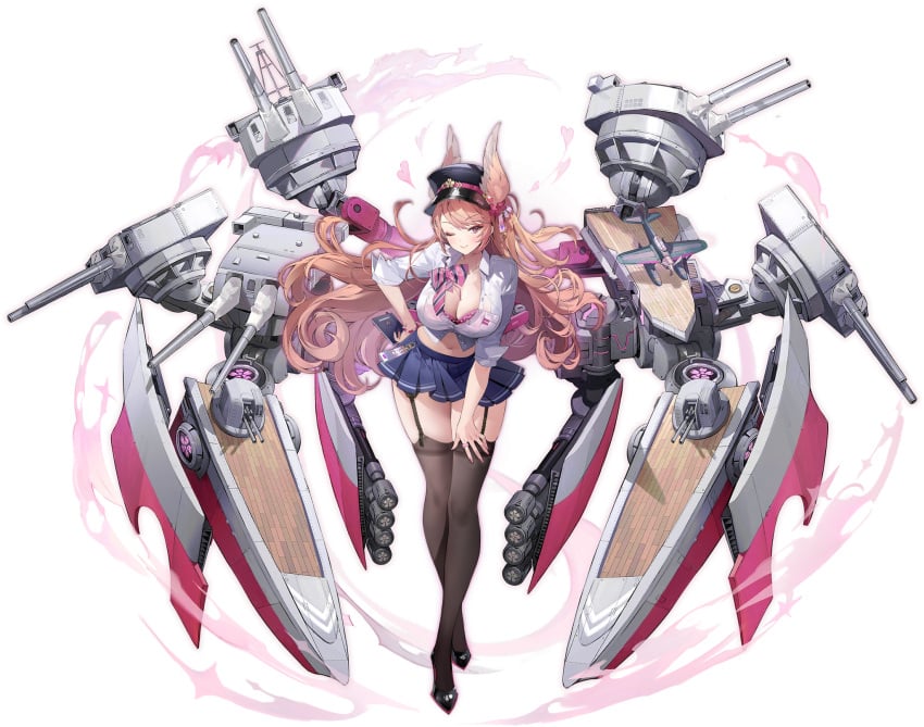 1girls azur_lane big_breasts black_legwear cleavage crossed_legs female female_only heart light-skinned_female light_skin nachi_(azur_lane) nachi_(retrofit)_(azur_lane) official_art one_eye_closed orange_hair pink_eyes pink_hair retrofit_(azur_lane) rigging sakura_empire_(azur_lane) school_uniform solo stockings wink