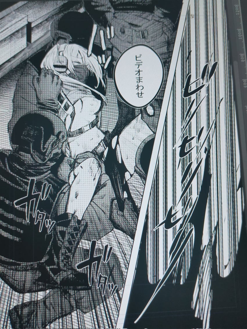 1girls breasts combat_boots dormicum hand_covering_mouth headphones japanese_text monochrome multiple_boys original original_character ripped_bike_shorts ripped_clothing ripping_clothing shirt_lift torn_bike_shorts torn_clothes