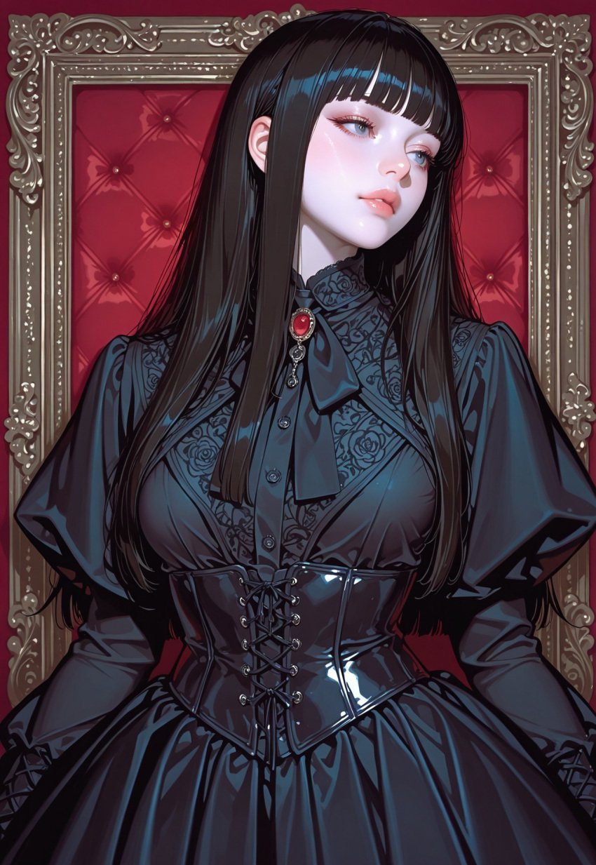 1girl ai_generated amaranthine civitai dark_hair dress female heiress_of_the_hidden_halls hime_cut laced_corset pale_skin victorian_dress