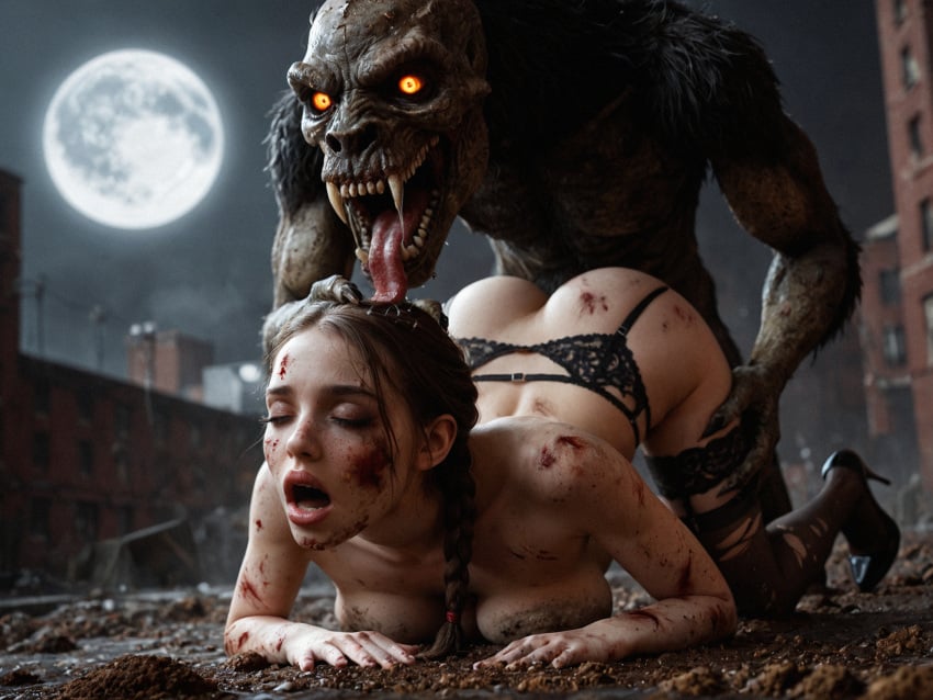 1boy 1girls ai_generated female_human female_human/male_feral female_human/male_monster feral_on_female feral_on_human full_moon interspecies interspecies_sex male_feral male_feral/female_human male_monster monster monster_on_female monster_on_human monster_penetrating noone3d petite slim slim_waist