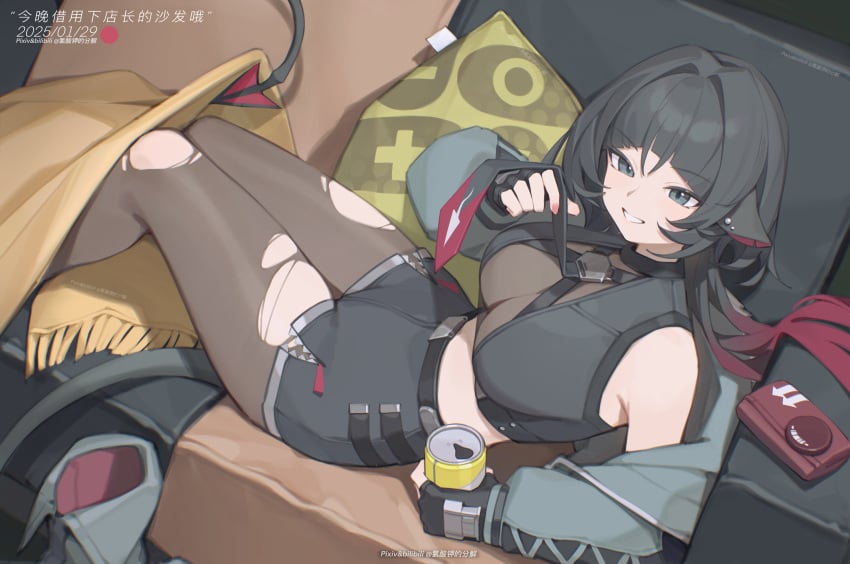 absurdres animal_ears bilibili_xiaolu black_hair black_shorts breasts can couch crop_top female gradient_hair grin high-waist_shorts highres holding holding_can jacket jane_doe_(zenless_zone_zero) large_breasts long_hair looking_at_viewer lying mouse_ears multicolored_hair necktie off_shoulder on_back on_couch open_clothes open_jacket pantyhose red_hair short_shorts shorts smile solo tail torn_clothes torn_pantyhose zenless_zone_zero