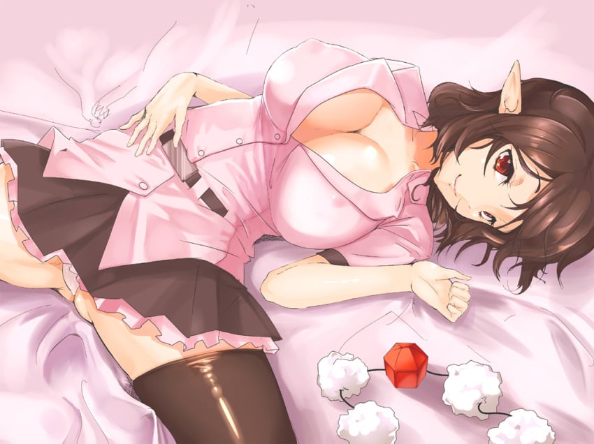 1girls ass_visible_through_thighs belt black_thighhighs breasts brown_hair cleavage covered_erect_nipples dango_ya dress_shirt female female_focus female_only hat head_tilt large_breasts looking_at_viewer lying miniskirt no_bra on_back on_bed open_clothes open_shirt panties pantyshot pointy_ears red_eyes seductive_smile shameimaru_aya shiny_clothes shiny_skin shirt sideways skirt smile solo spread_legs thighhighs thighs tokin_hat touhou underwear unworn_hat unworn_headwear upskirt white_panties