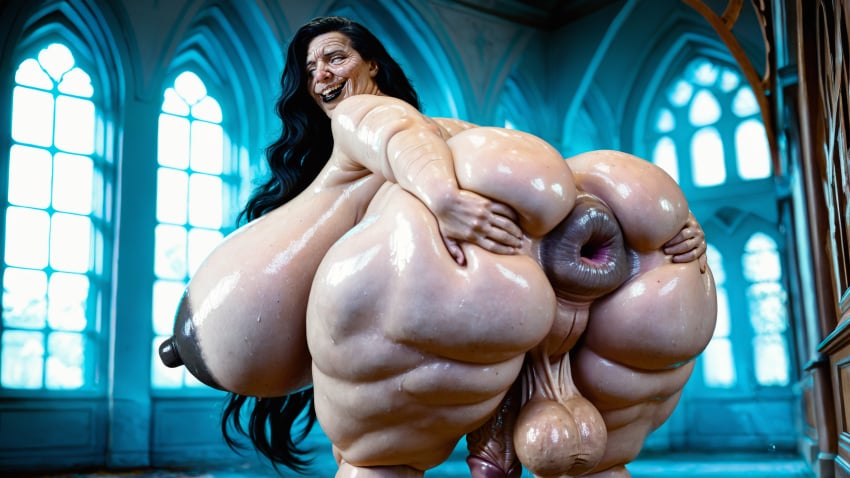 ai_generated big_breasts black_hair black_nipples dickgirl ejaculation elderly fat female female_focus female_only futanari gilf glands_of_montgomery huge_balls huge_breasts hyper_penis large_balls mature_female nipples nude obese old_woman pale_skin puffy_anus