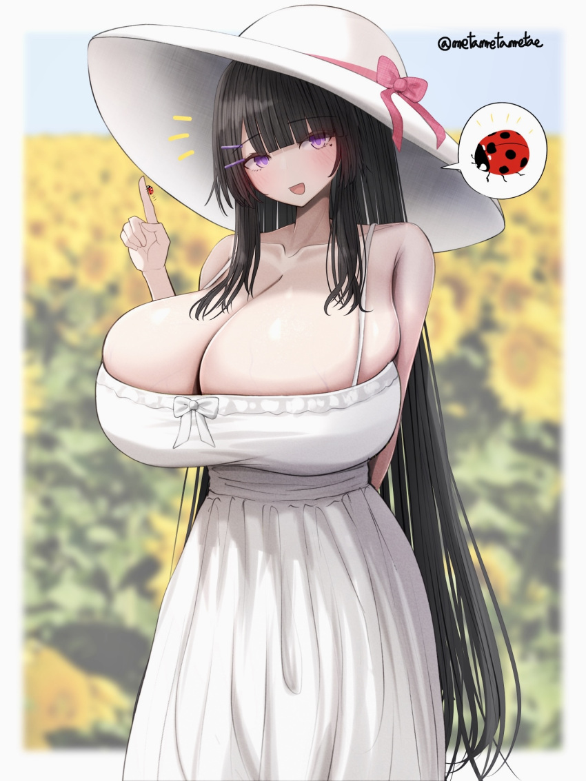 1girls artist_name bangs black_hair blush blush breast_focus breasts breasts_bigger_than_head busty cleavage clothed clothing collarbone deep_skin dress enormous_breasts female female_focus female_only gigantic_breasts hair_ornament hairclip hat hat_ribbon heart-shaped_mole himekawa-san_(metae) huge_breasts ladybug large_breasts long_hair looking_at_viewer massive_breasts metae mole mole_under_eye original original_character outdoors pink_ribbon purple_eyes ribbon skindentation smile solo standing sun_hat sundress sunflower top_heavy top_heavy_breasts veiny_breasts voluptuous voluptuous_female white_dress