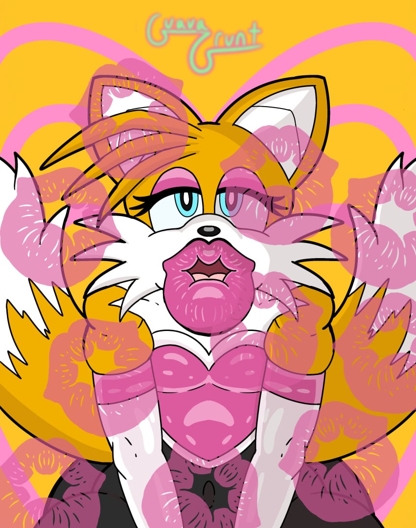 1boy 2d anthro big_ass big_lips blue_eyes buchukisu clothed clothed_male clothing femboy fox fox_boy fox_ears furry furry_male guavagrunt huge_ass huge_lips kiss_mark kissing lips lipstick lipstick_mark looking_at_viewer makeup male male_focus male_only pink_eyeshadow pink_lips pink_lipstick pov pov_kiss rouge_the_bat_(cosplay) simple_background sonic_(series) spandex tail tails_the_fox thighs vulpine yellow_body yellow_fur