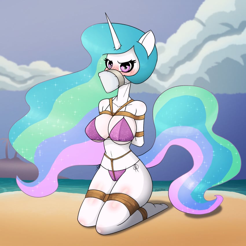 1:1 alicorn anthro beach big_breasts bikini blush bondage bound breasts clothing crotch_rope equid equine female friendship_is_magic gag gagged hasbro hi_res horn huge_breasts kneeling looking_at_viewer mammal my_little_pony mythological_creature mythological_equine mythology otn_gag palm_tree plant princess_celestia_(mlp) restraints rope rope_bondage seaside side-tie_bikini solo string_bikini swimwear tape tape_gag tree wings zeecibee