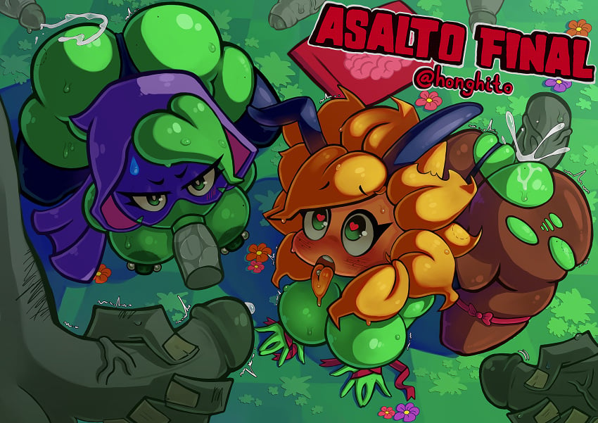 1girl 2girls anthro anthrofied ass background blowjob breasts deepthroat fellatio female flora_fauna green_shadow_(pvz) honghito oral oral_sex peashooter_(pvz) plant plant_girl plant_humanoid plants_vs_zombies plants_vs_zombies:_heroes pussy pvz pvz_heroes saliva slutty_clothes solar_flare_(peargor) solar_flare_(pvz) sunflower_(pvz) tagme trio zombie zombie_(pvz)