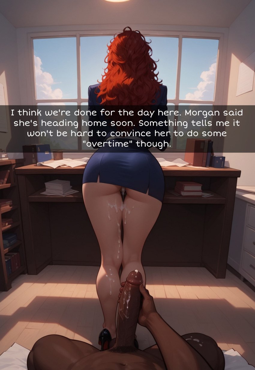 after_sex after_vaginal ai_generated cum cum_dripping cum_dripping_down_thighs cum_in_pussy cum_in_pussy cum_inside cum_leaking_out_of_pussy cum_on_body cum_on_penis cum_on_thighs facing_away interracial morgan_bewick office office_clothing red_hair snapchat