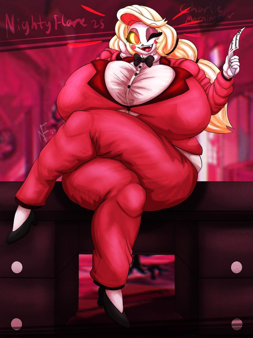 1_girl 1female big_ass big_ass_(female) blonde_female blonde_hair blonde_hair blonde_hair_female bottomwear bulging_breasts charlie_morningstar charlie_morningstar_(hazbin_hotel) clothed clothing demon demon_girl fancy_clothing fat_ass fat_thighs female female female_only formal formal_attire formal_clothes formal_wear girl hazbin_hotel holding holding_object holding_paper hyper hyper_breasts legs_together long_hair nightlyflare one_eye_closed pants paper red_clothing red_eyes red_pants sitting sitting_on_desk sitting_on_table smile smiling smiling_at_viewer suit thick thick_ass thick_thighs topwear twitter white_body wide_hips wide_thighs winking winking_at_viewer woman_only yellow_eyes