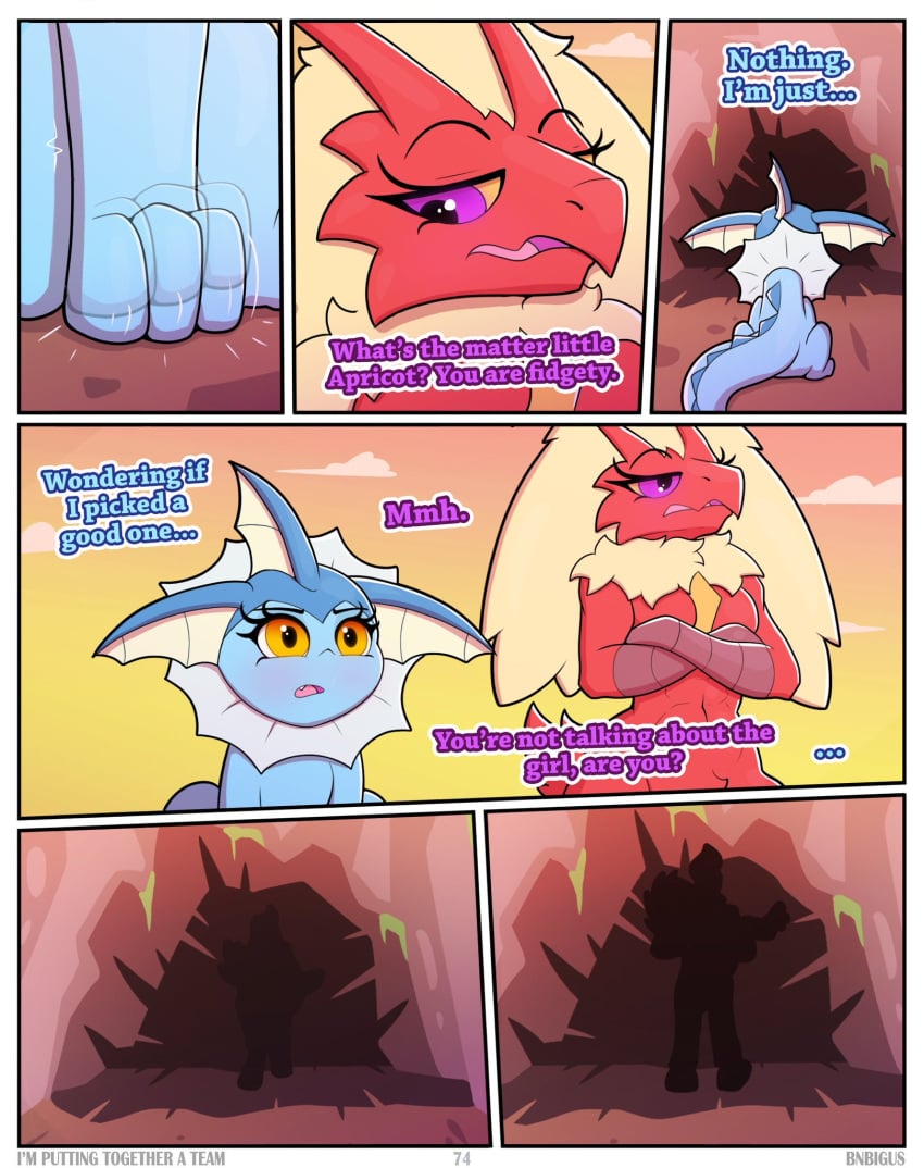 anthro apricot_(bnbigus) avian blaziken bnbigus cave comic dialogue eeveelution fan_character feral hot_stuff_(bnbigus) nintendo no_sex no_visible_genitalia outside pokemon pokemon_(species) vaporeon