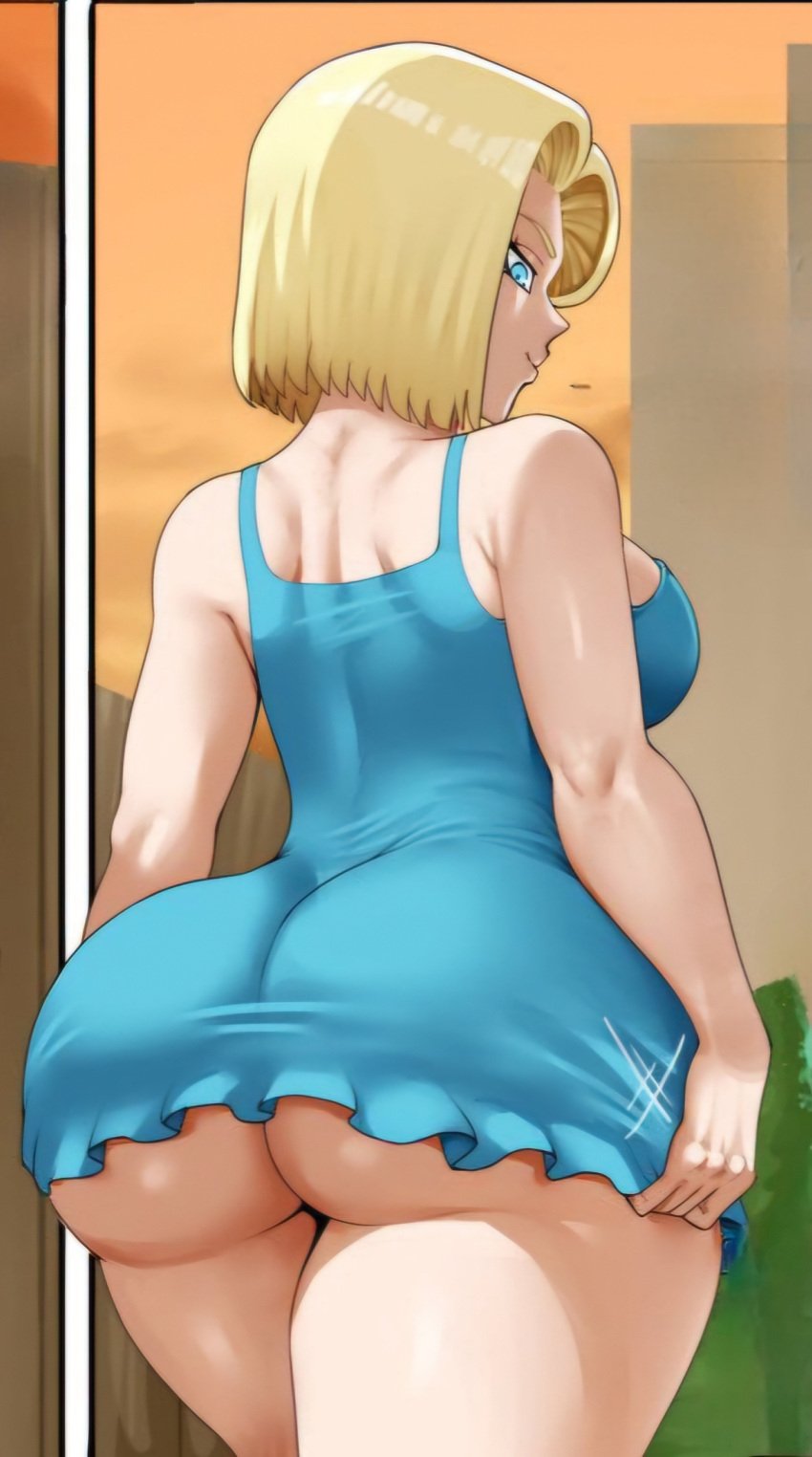 1girls android_18 android_18_(pinkpawg) ass big_ass big_booty blue_eyes booty curvy curvy_milf female female_focus female_only from_behind from_behind_angle from_behind_position high_heels huge_ass huge_breasts huge_thighs light_blue_dress milf minidress_ruffle_bottom naughty_face parody pinkpawg ruffled_skirt short_dress short_dress_ruffle_bottom short_hair sleeveless_dress solo thick_thighs wide_hips