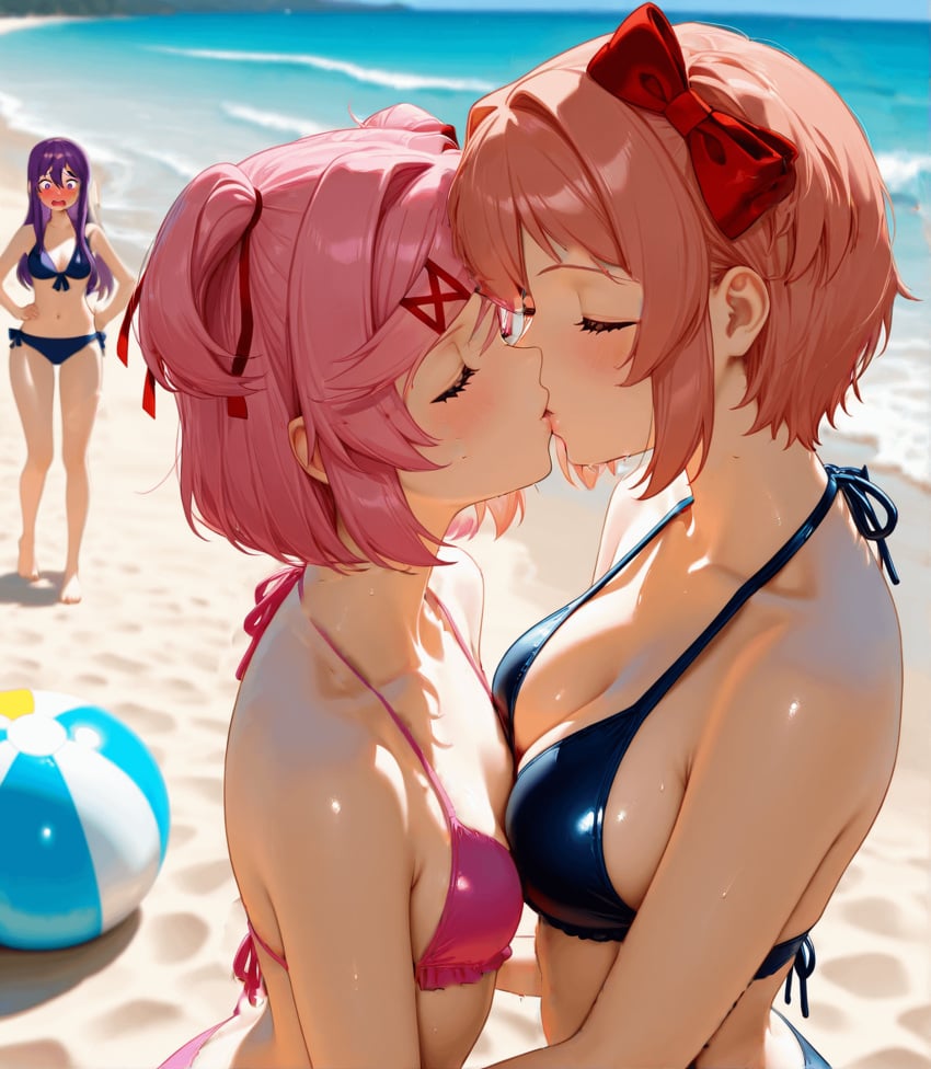 2girls ai_generated beach bikini doki_doki_literature_club kissing natsuki_(doki_doki_literature_club) sayori_(doki_doki_literature_club) swimsuit yuri