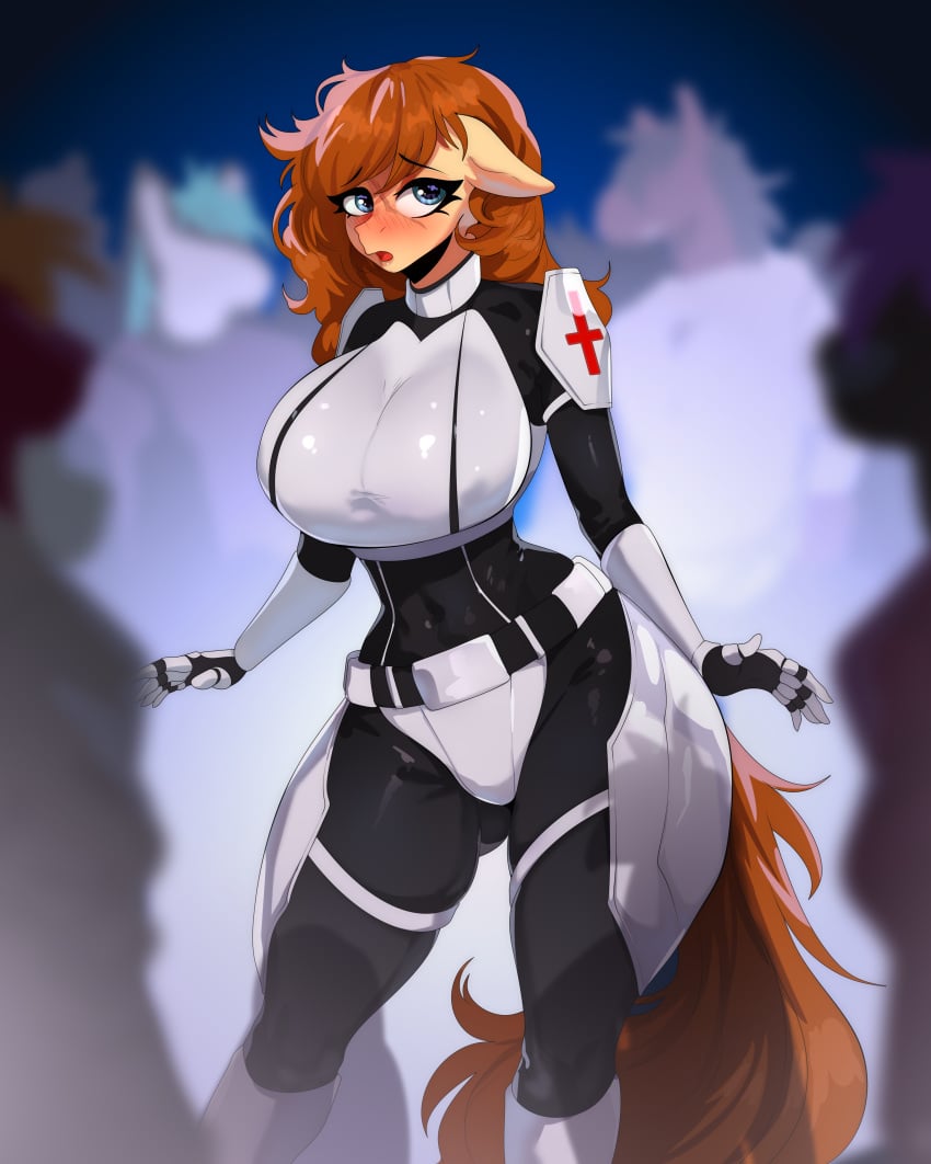 anthro armor big_breasts blue_eyes blurry_background blurry_foreground brown_hair commission dusty_heartwood fallout_equestria fully_clothed furry furry_female furry_only huge_breasts image kuroran medic oc peril pony scar scared scared_expression surrounded surrounded_by_men