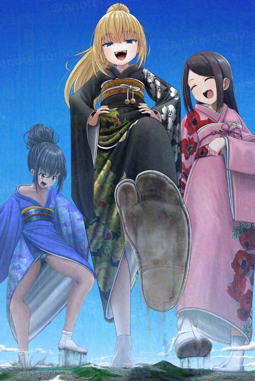 2d 3girls anothertomoshib black_hair blonde_hair brat city city_destruction color destruction female_focus female_only giantess giga_giantess hands_on_hips kimono laughing long_hair macro multiple_girls original original_character panties pony_tail smug striped_panties tabi tanned