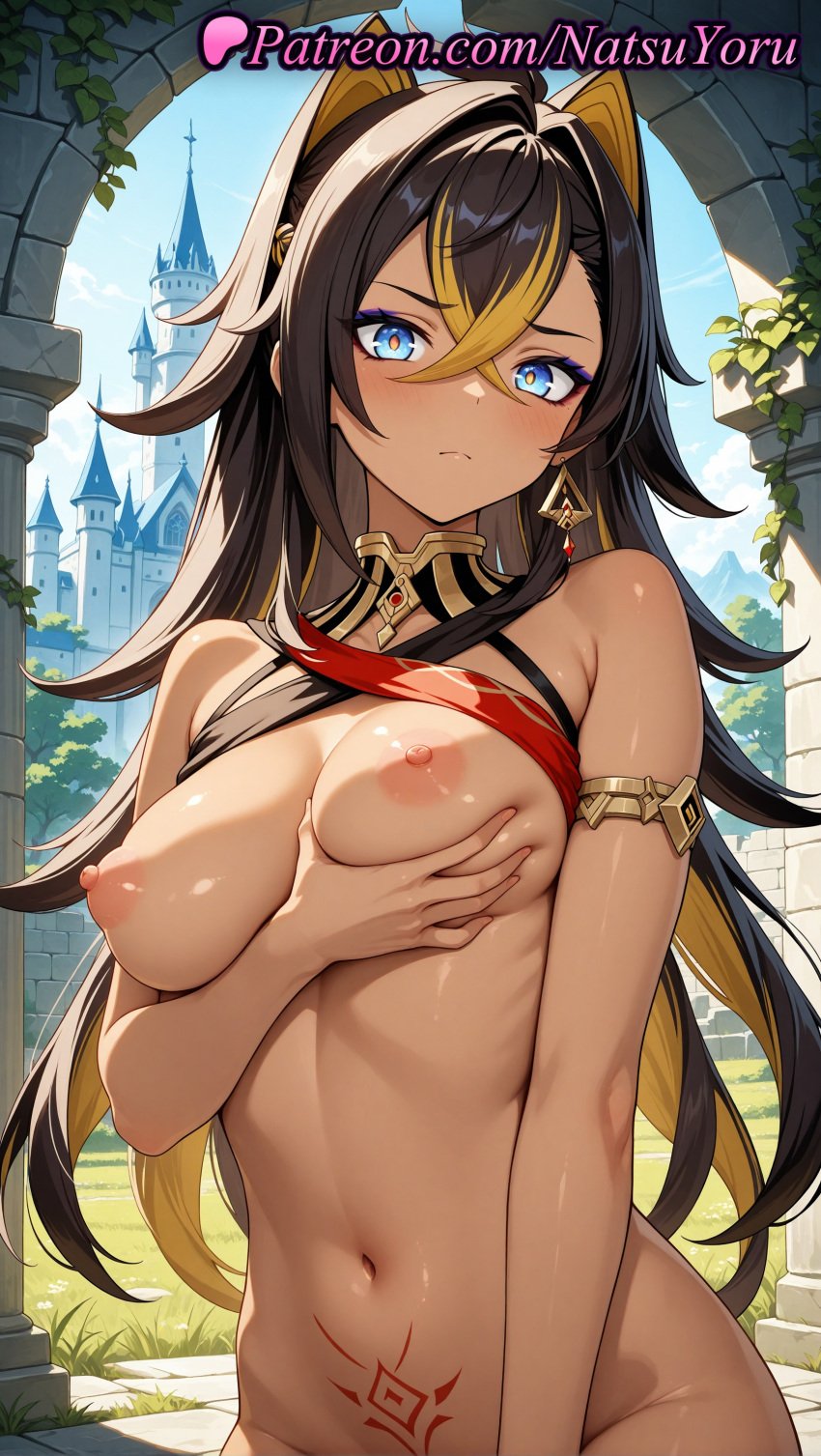 1girls 2025 ai ai_assisted ai_generated animal_ears anime anime_style armlet bangs bare_shoulders black_hair blonde_hair blue_eyes blue_sky blush bottomless breast_lift breasts brown_hair bust busty castle closed_mouth criss-cross_halter crossed_bangs dangle_earrings dark-skinned_female dark_skin day dehya_(genshin_impact) earrings female female_focus female_only genshin_impact grabbing_own_breast hair_between_eyes hair_ears hair_intakes halterneck hentai hi_res high_quality high_resolution highres hoyoverse jewelry large_breasts linea_alba lips long_hair looking_at_viewer medium_breasts mihoyo mihoyo_technology_(shanghai)_co._ltd. multi-colored_hair multicolored_hair natsuyoru navel neck_ring nipples nipples_outside nude nude_female oiled out-of-frame_censoring outdoors patreon pubic_tattoo single_earring sky solo solo_female stable_diffusion stomach streaked_hair tattoo two-tone_hair uncensored_nipples upper_body voluptuous voluptuous_female yellow_pupils