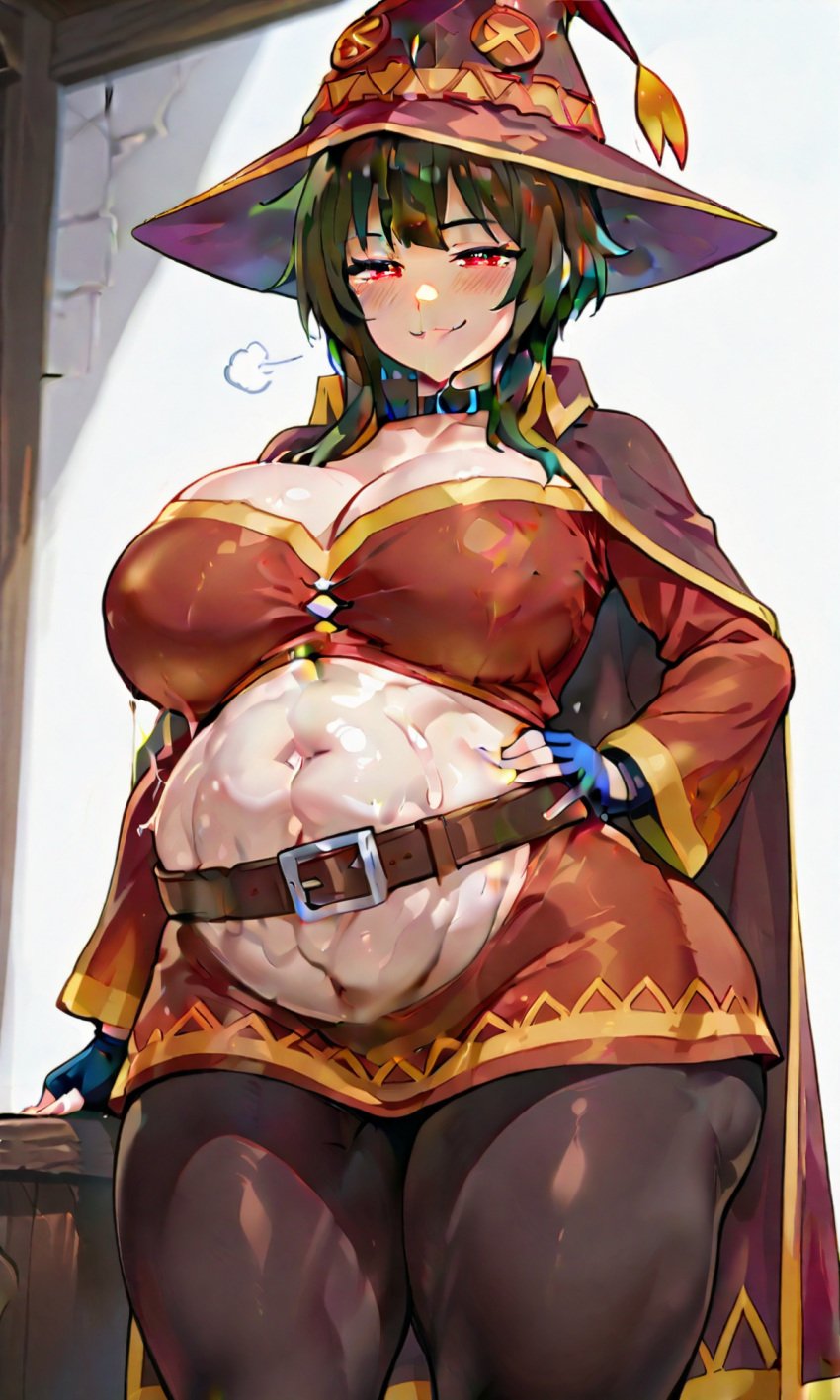 ai_generated alternate_breast_size big_breasts implied_vore kono_subarashii_sekai_ni_shukufuku_wo! megumin seductive_smile thick_thighs vore vore_belly