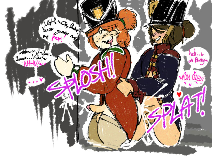 2femboy alternate_hairstyle barry_(guts_and_blackpowder) british cum_on_wall dominant_femboy english_text femboy_on_femboy french french_text gay_sex guts_&_blackpowder guts_and_blackpowder jacob_(guts_and_blackpowder) on_wall shako_cap