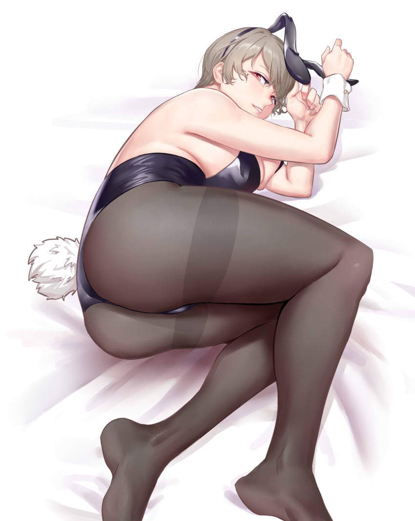 1girls absurdres animal_ears ass bed bed_sheet black_pantyhose breasts brown_hair fake_animal_ears hair_ornament highres honkai_(series) honkai_impact_3rd legs leotard looking_at_viewer lying mole mole_under_eye on_side pantyhose playboy_bunny purple_eyes rabbit_ears rabbit_hair_ornament rabbit_tail rita_rossweisse short_hair sideboob sleeveless smile solo tail thighs wow+