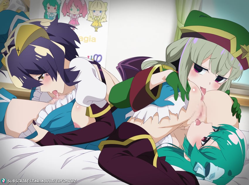 3girls 69 anilingus araga_kiwi ass breasts censored cunnilingus eufoniuz fff_threesome from_side green_hair group_sex half-closed_eyes highres hiiragi_utena horns indoors large_breasts leoparde_(mahou_shoujo_ni_akogarete) lying magia_azure magia_baiser mahou_shoujo_ni_akogarete minakami_sayo mosaic_censoring multiple_girls nipples on_back on_bed oral paid_reward_available purple_hair saliva shrug_(clothing) subscribestar_logo subscribestar_username symbol-shaped_pupils threesome tongue tongue_out web_address white_shrug yellow_eyes yellow_horns yuri