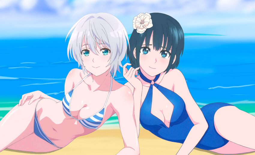 2girls blue_eyes blue_hair botan_nagatsuki breasts cleavage female kikuchi_fuuka looking_at_viewer medium_breasts on_side short_hair silver_hair string_bikini striped_bikini swimsuit