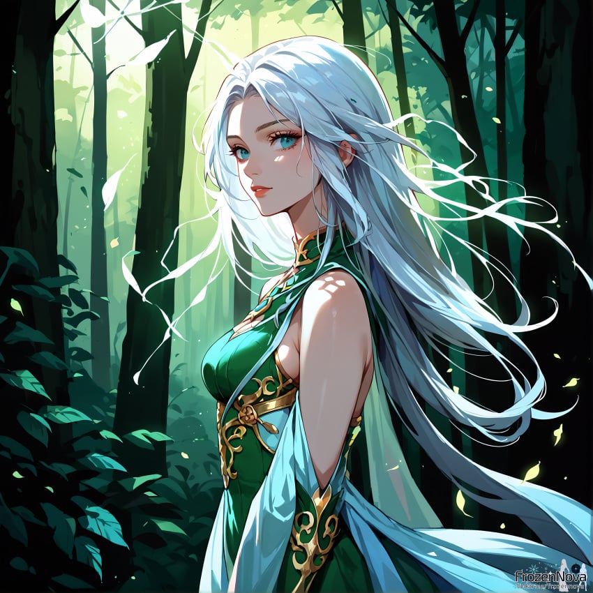 ai_generated anime_style blue_eyes elf_ears elf_female fantasy flowing_hair forest forest_background frozennova green_dress long_hair looking_at_viewer magic magical_girl makeup medium_breasts original original_character pale_skin red_lips self_upload shoulders side_view sideboob skinny_girl slight_smile stable_diffusion standing teeth_showing white_hair