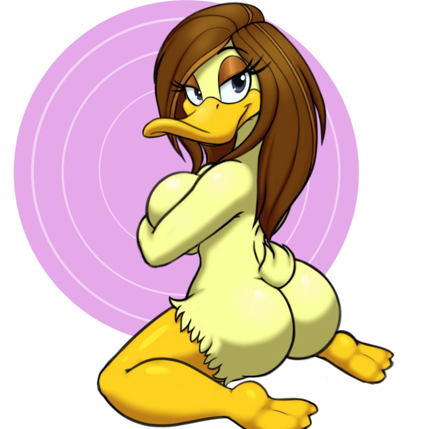 2022 anatid anseriform anthro ass avian beak bedroom_eyes big_breasts big_butt bird breasts brown_hair bubble_butt covering covering_breasts covering_self digital_media_(artwork) duck feathers female grey_eyes hair half-closed_eyes hi_res holding_breast kneeling long_hair looking_at_viewer looking_back looking_back_at_viewer narrowed_eyes neronova nude pinup pose presenting presenting_hindquarters seductive simple_background solo the_looney_tunes_show tina_russo warner_brothers wide_hipped_female wide_hips yellow_body yellow_feathers