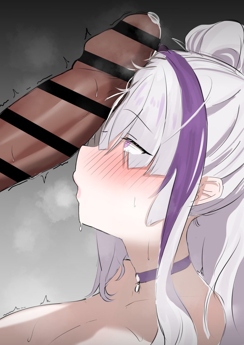 1boy 1girls aroused asanama_(super_asanama) azur_lane bar_censor blush breasts censored dark-skinned_male dark_skin heart heart-shaped_pupil huge_breasts huge_cock light-skinned_female light_skin looking_at_penis nose_blush penis penis_awe penis_on_face precum purple_eye purple_hair sakura_empire_(azur_lane) sweat symbol-shaped_pupil textless two_tone_hair unzen_(azur_lane) unzen_(sojourn_through_clear_seas)_(azur_lane) white_hair