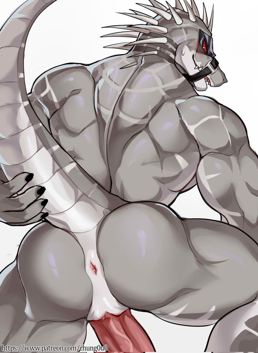 2023 animal_genitalia anthro anus ass chung0_0 crocodile crocodilian daylon_(dislyte) dislyte genital_slit genitals grey_body grey_scales hi_res lilith_games male mouth_strap muscular muscular_anthro muscular_male nude presenting presenting_hindquarters red_eyes reptile scales scalie simple_background solo tail