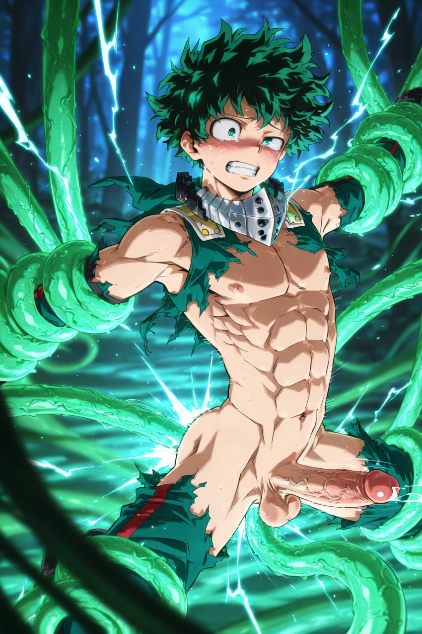 ai_generated anal anal_sex armpits balls deku izuku_midoriya midoriya_izuku mind_break muscular my_hero_academia slim submissive submissive_male sweat tentacle tied_up yaoi