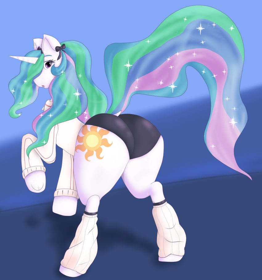 2016 asian_clothing ass big_butt bottomwear buruma clothing cosplay cutie_mark east_asian_clothing equid equine female feral friendship_is_magic fur hair hasbro hi_res hibari_(senran_kagura) horn japanese_clothing long_hair mammal multicolored_hair multicolored_tail my_little_pony mythological_creature mythological_equine mythology neronova panties princess princess_celestia_(mlp) purple_eyes rear_view royalty senran_kagura simple_background solo sport sweater tail topwear underwear unicorn white_body white_fur