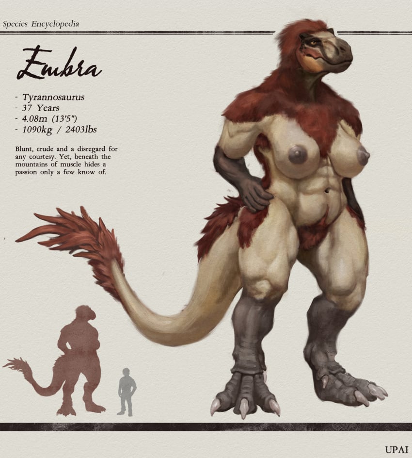 1girls animal_tail anthro areola areolae belly_button big_breasts breasts breasts_apart character_sheet claws dinosaur dinosaur_girl english_text female fur larger_female muscular_abs muscular_anthro muscular_female nipples tail taller_girl text tyrannosaurus upai