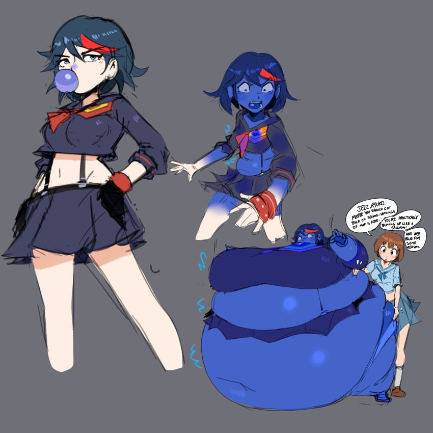 big_breasts blueberry_inflation breasts cleavage female huge_breasts inflation kill_la_kill mankanshoku_mako matoi_ryuuko nuumatic skin_turning_blue tagme thick_thighs wide_hips