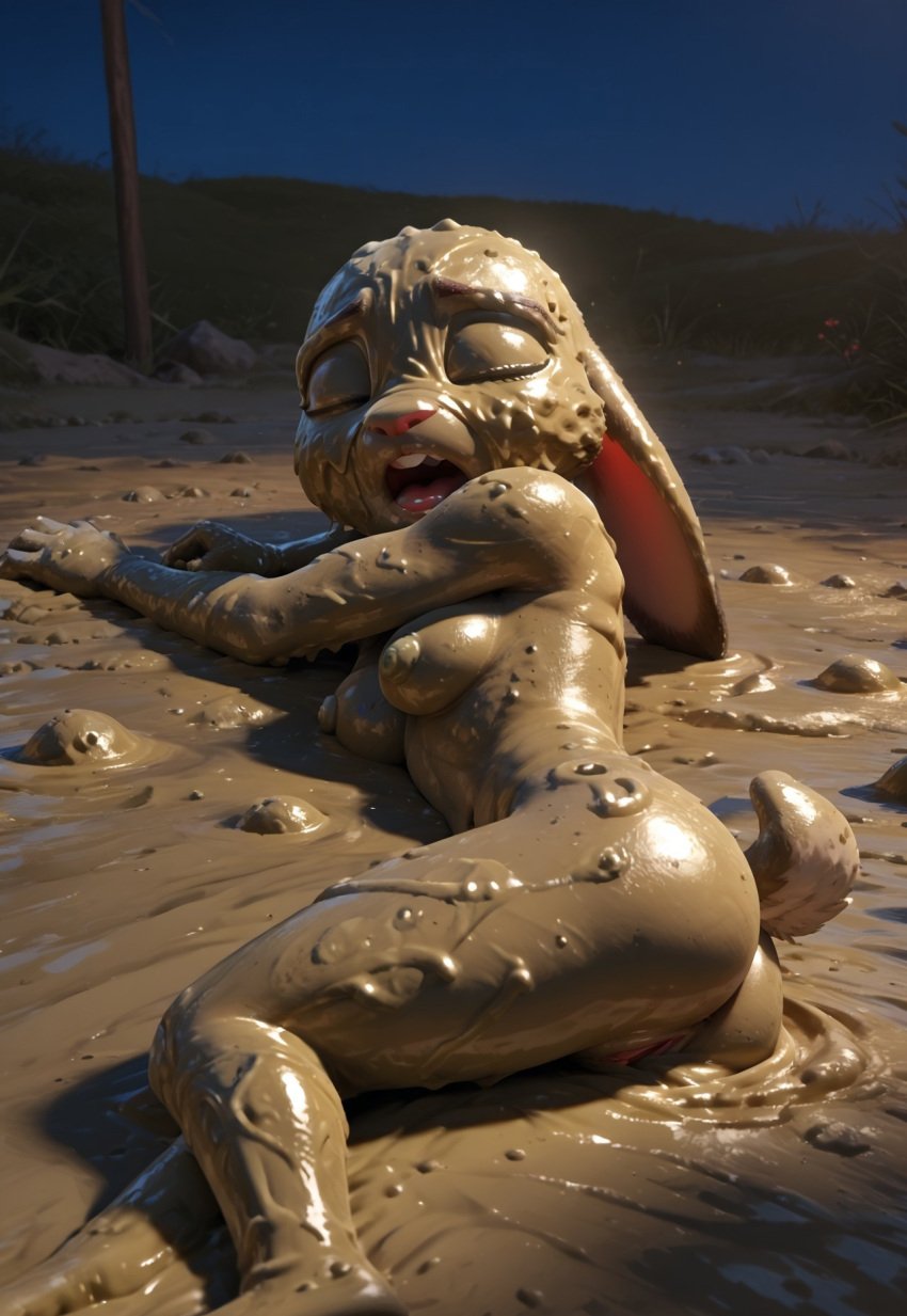 1girls ai_generated blazera closed_eyes covered_in_mud judy_hopps lying_on_side mud night nipples open_mouth pussy quicksand wam zootopia