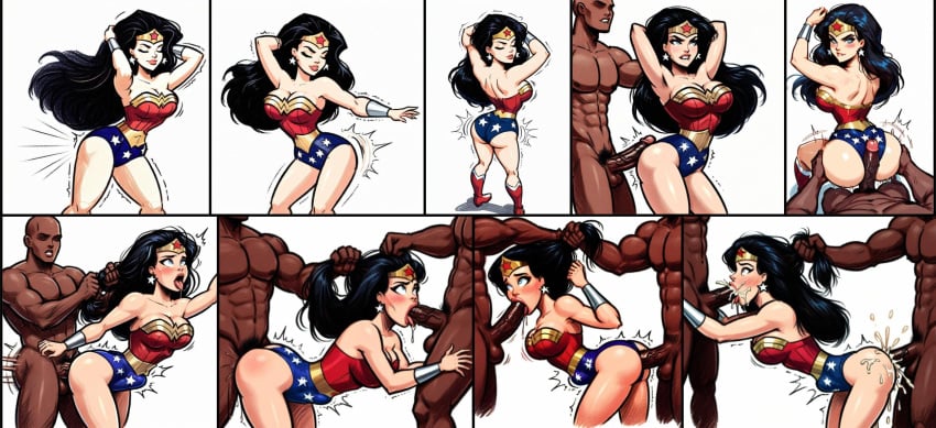 1girls 2boys ahe_gao ai_generated ass_grab blowjob buttjob clothed_female_nude_male comic dark-skinned_male dc dc_comics dcau diana_prince doggy_style fellatio interracial no_dialogue nude_male oral panels pov spitroast standing_sex stomach_bulge threesome will_of_ai wonder_woman wonder_woman_(series)