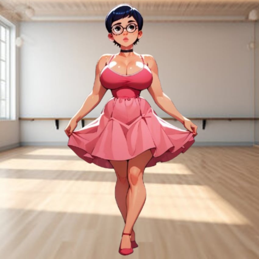 1girls ai_generated ballerina ballet bare_arms carmen_sandiego_(2019) carmen_sandiego_(franchise) choker dance_shoes dress female female female_focus female_only glasses julia_argent julia_argent_(carmen_sandiego) large_breasts pink_dress pink_footwear shoes short_hair solo solo_female solo_focus standing