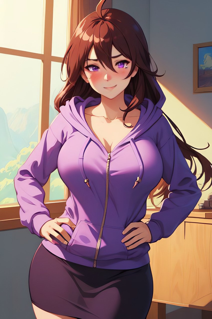 1girls ai_generated anehame_ore_no_hatsukoi_ga_jisshi_na_wake_ga_nai blushing breasts curvy dh_lucky hoddie long_hair purple_hoodie purple_skirt sakagami_rio solo solo_female standing