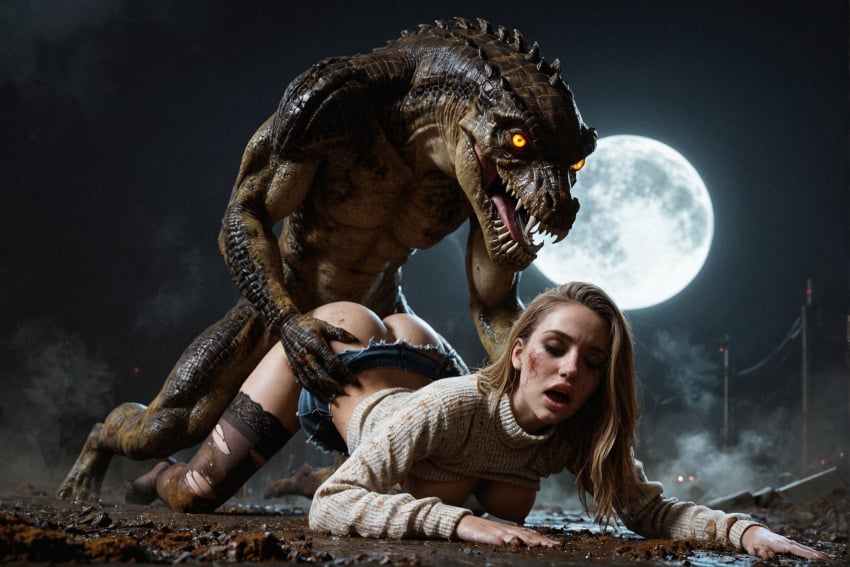 1boy 1girls ai_generated female_human female_human/male_feral female_human/male_monster feral_on_female feral_on_human full_moon interspecies interspecies_sex male_feral male_feral/female_human male_monster monster monster_on_female monster_on_human monster_penetrating noone3d petite slim slim_waist