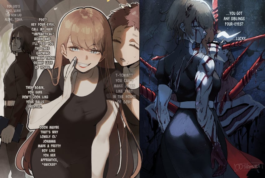 1boy 2girls aged_down blood blood_on_face bloodlight_(nyantcha) breasts commentary demon dialogue english_text gloves grin highres injury long_hair looking_at_viewer multiple_girls nun original pixie_cut smile smiling smiling_at_viewer talking_to_viewer teeth thiccwithaq toned tonia_(thiccwithaq) torn_clothes white_gloves