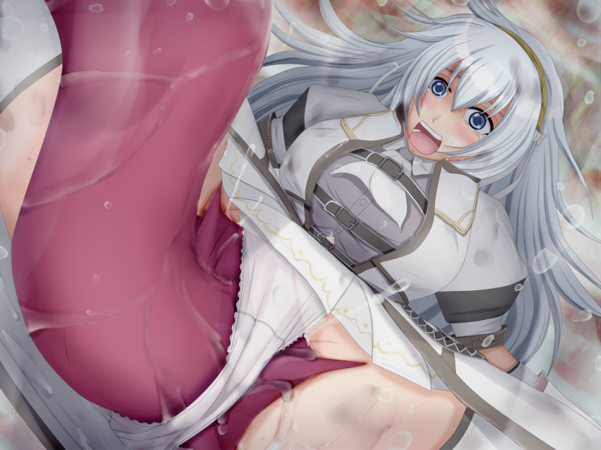 armor artist_request baruragaru blue_eyes blush capcom character_request clothed_sex female gloves hair_ornament hairband large_insertion long_hair monster_hunter monster_hunter_frontier open_mouth panties panties_aside penis pleated_skirt puffy_short_sleeves rape screaming silver_hair skirt spread_legs tears tentacle thighhighs tongue vaginal_penetration wet white_gloves white_legwear white_panties