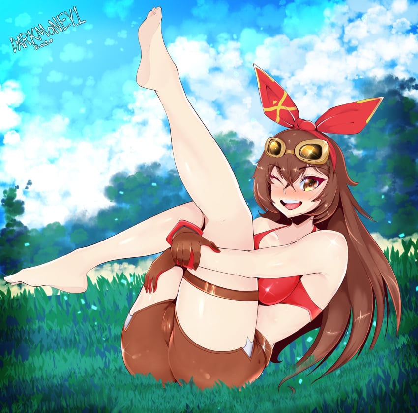 1girls amber_(genshin_impact) barefoot bow brown_gloves brown_hair brown_shorts darkmoney1 feet female female_only female_solo genshin_impact gloves googles long_hair one_eye_closed red_bow red_topwear shorts solo solo_female solo_only yellow