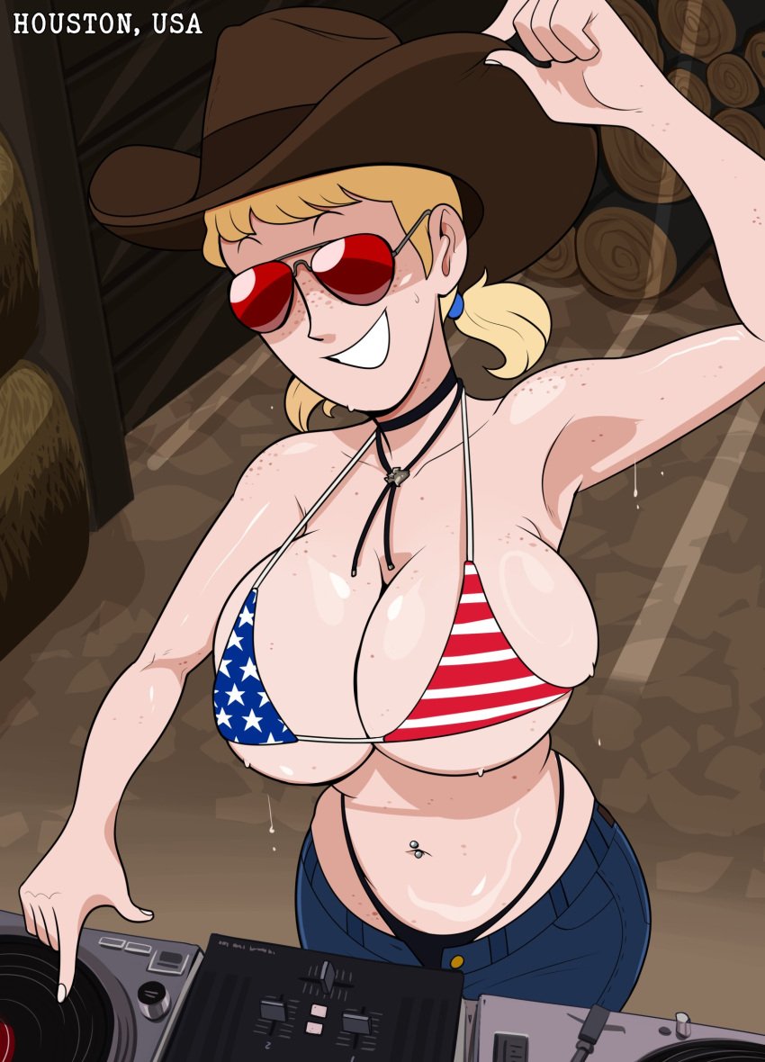 american_flag_bikini belly_button_piercing big_breasts blonde_hair choker cowboy_hat dj_(hellonearthiii) freckles hellonearthiii jeans piercing smile stetson sunglasses sweat sweating twintails