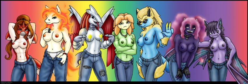 anthro blue_fur breasts carlito clothes corphish crobat female female_only front_view fur gastly green_skin grey_skin hair interspecies long_image manectric multiple_females multiple_girls nipples panties pasties pokemon rapidash skarmory standing sunflora tagme topless underwear wings