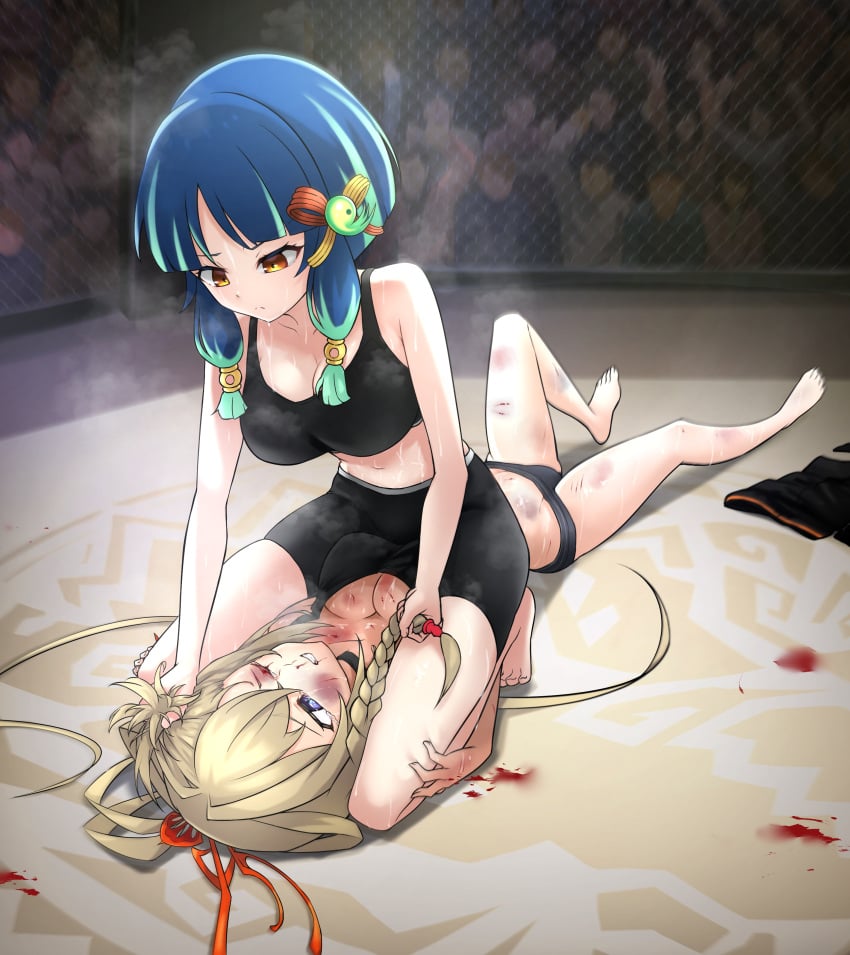 2girls artist_request blonde_hair blood blue_hair busty catfight character_request competitive facesitting femdom hair hair_grab hair_pull hair_pulling huge_breasts humiliation monster_strike skinny sports_shorts sportswear thick_thighs wrestling yuri