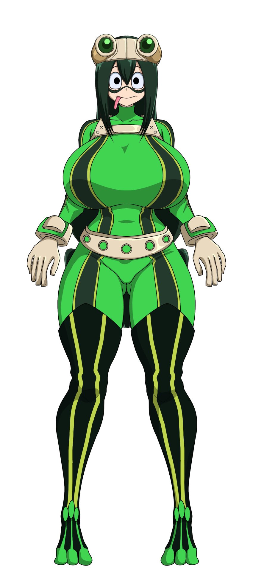 1girls big_breasts black_eyes blush boku_no_hero_academia green_hair huge_breasts my_hero_academia open_mouth sihkygmojsn smile standing thick_thighs tsuyu_asui wide_hips