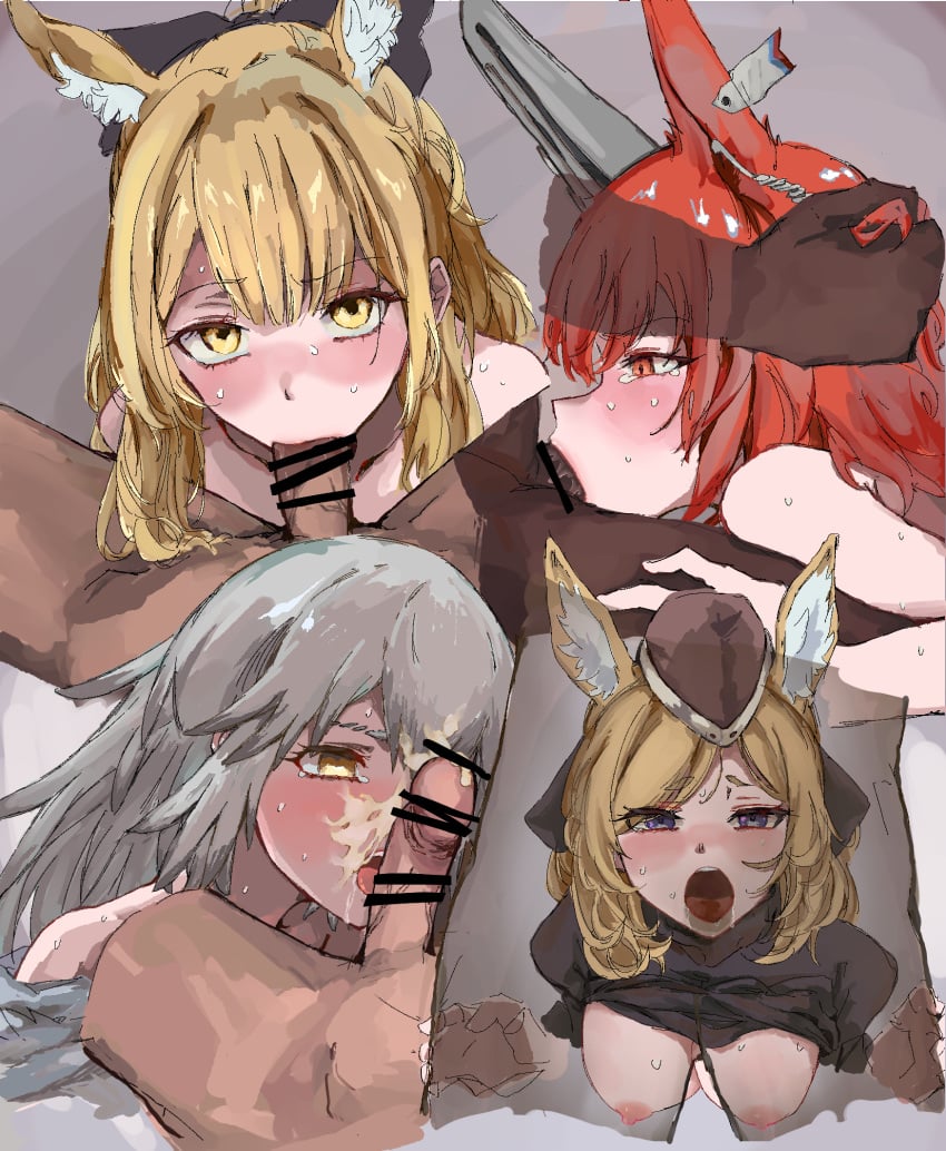 4girls all_the_way_to_the_base animal_ears arknights blemishine_(arknights) blowjob choking_on_cock fartooth_(arknights) fellatio female flametail_(arknights) grabbing_hair tears tears_in_eyes whislash_(arknights)