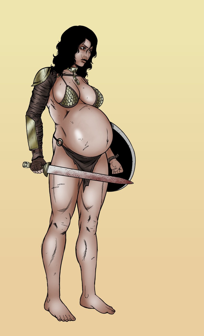 angry angry_face barbarian bikini_armor blood bottomless chained chains curly_hair fighter fuccbou functionally_nude gladiator gold_(metal) loincloth medieval pregnant pregnant_belly pregnant_female slave slave_collar slavegirl sword