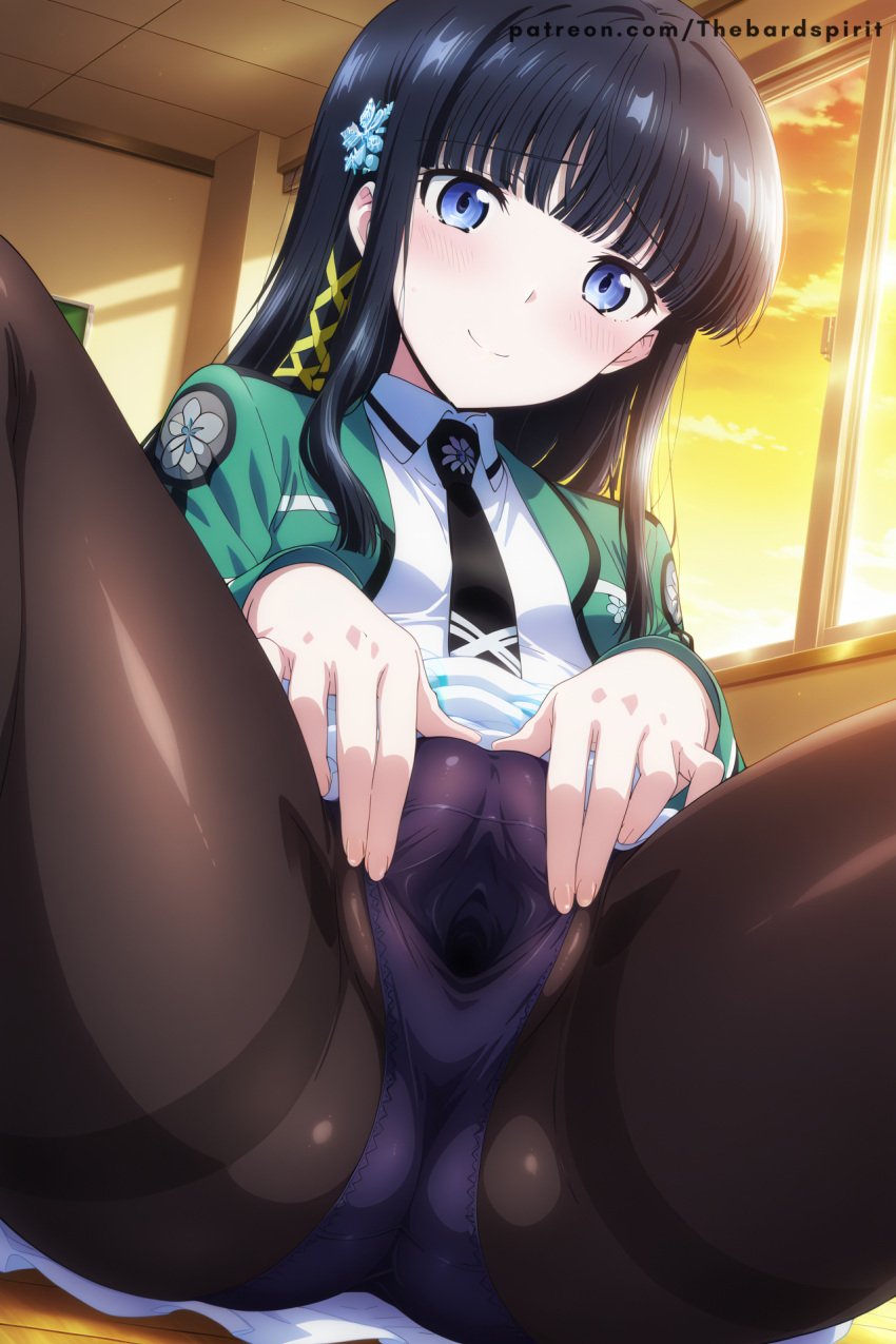 ai_generated classroom m_legs mahouka_koukou_no_rettousei school_uniform shiba_miyuki spread_legs spread_pussy_under_clothes uncensored