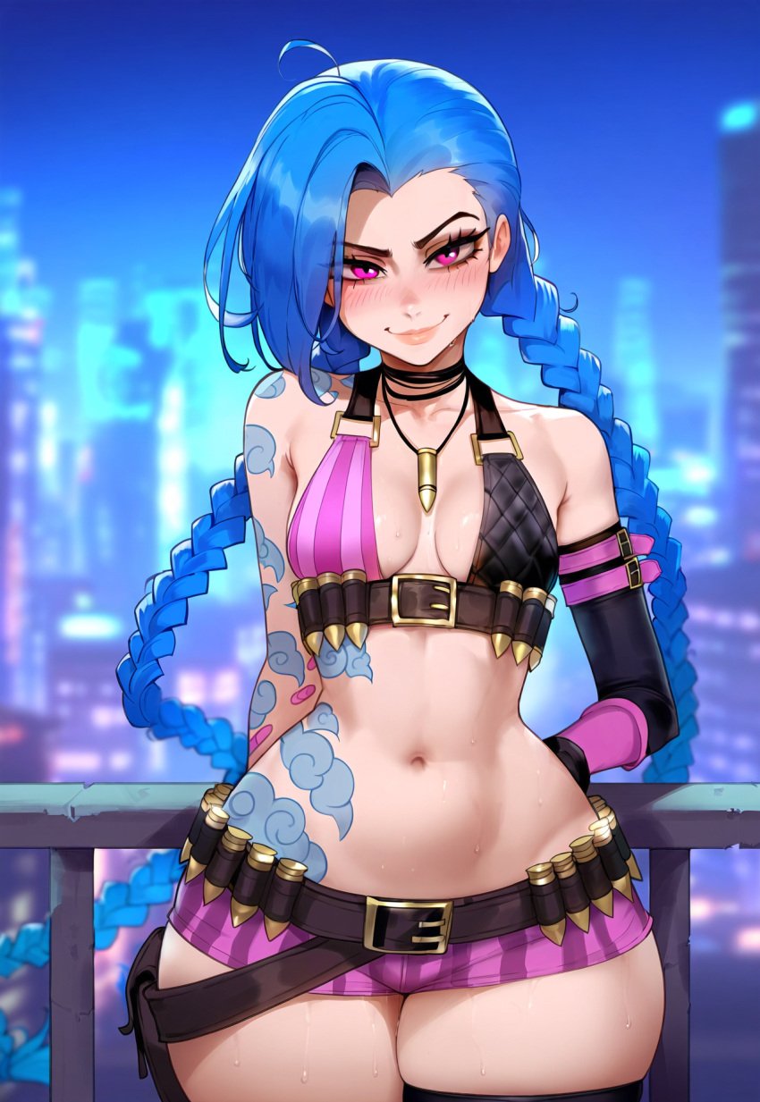 1girls ai_generated arcane belly_button blue_hair blush braid braided_hair breasts floox hips jinx_(league_of_legends) league_of_legends league_of_legends:_wild_rift light-skinned_female long_hair looking_at_viewer pink_eyes riot_games small_breasts smile solo tattoo thiccwithaq_(ai_style) thick_thighs thighhighs thighs wide_hips