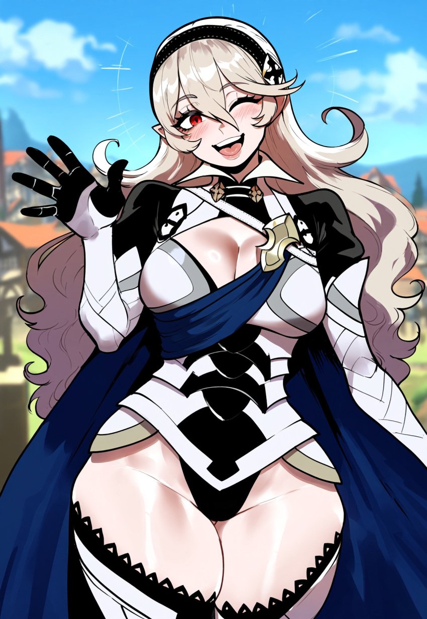 ai_generated armor ass ass_focus big_ass big_breasts big_butt big_thighs cleavage corrin_(fire_emblem) corrin_(fire_emblem)_(female) curvy curvy_female curvy_figure cute dijiai fire_emblem focus from_front_position front_view happy head_tilt headband hourglass_figure long_hair looking_at_viewer nsfw one_eye_closed open_mouth outdoors red_eyes round_ass round_butt sky smile smiling standing thiccwithaq_(ai_style) thick thick_ass thick_butt thick_legs thick_thighs thighs tongue town upper_teeth_only waving wide_hips